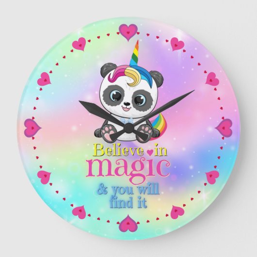 Magische eenhoorn panda op regenboogachtergrond grote klok (Voorkant)
