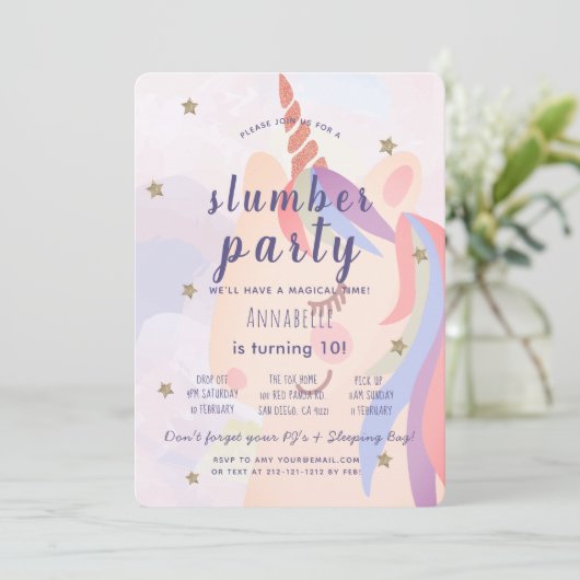 Magische Eenhoorn Rainbow Slumber Party Verjaardag Kaart (Staand voorkant)