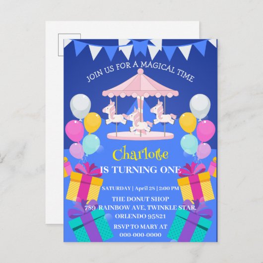 Magische Eenhoorn regenboog carrousel patroon verj Uitnodiging Briefkaart (Voorkant / Achterkant)