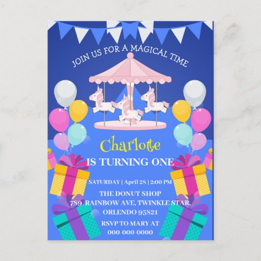 Magische Eenhoorn regenboog carrousel patroon verj Uitnodiging Briefkaart (Voorkant)