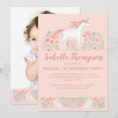 Magische Eenhoorn Roze 1e Verjaardag Uitnodiging (Voorkant / Achterkant)