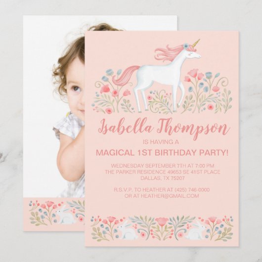 Magische Eenhoorn Roze 1e Verjaardag Uitnodiging (Voorkant / Achterkant)
