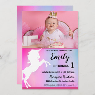 Magische eenhoorn roze aangepaste foto 1e verjaard kaart