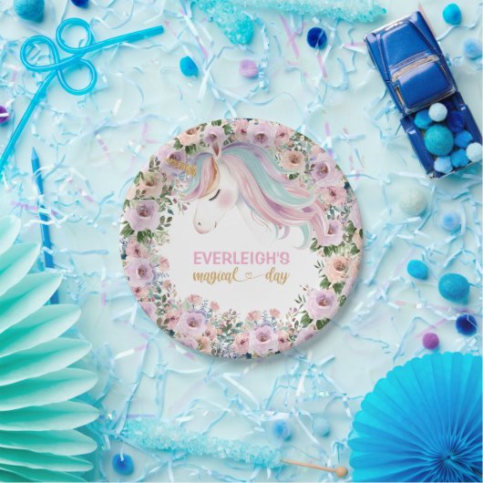 Magische Eenhoorn Roze Bloem 1e verjaardag Papieren Bordje (Feest)