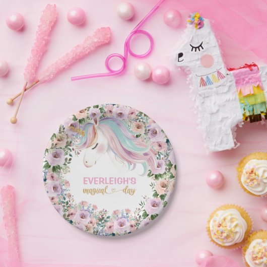 Magische Eenhoorn Roze Bloem 1e verjaardag Papieren Bordje (Feest)