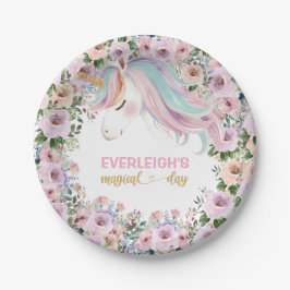 Magische Eenhoorn Roze Bloem 1e verjaardag Papieren Bordje