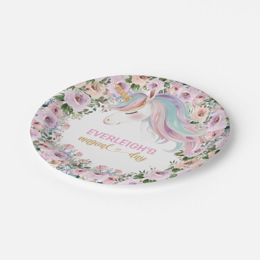 Magische Eenhoorn Roze Bloem 1e verjaardag Papieren Bordje (Gekanteld)