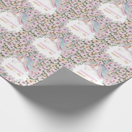 Magische Eenhoorn Roze Bloem verjaardag Cadeaupapier (Hoek)