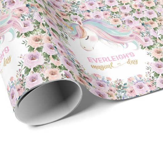 Magische Eenhoorn Roze Bloem verjaardag Cadeaupapier (Rol Hoek)