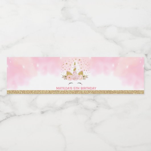 Magische Eenhoorn Roze Galaxy Wolken Verjaardagsgu Waterfles Etiket (Enkel label)