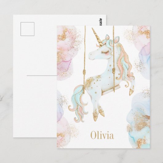 Magische Eenhoorn Roze & Gouden Meisjesnaam Briefkaart (Voorkant / Achterkant)