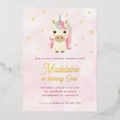 Magische Eenhoorn Roze Gouden Stippen 1e Verjaarda Folie Uitnodiging (Voorkant)