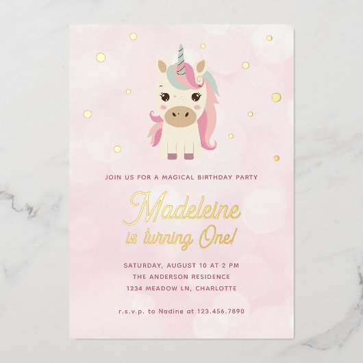 Magische Eenhoorn Roze Gouden Stippen 1e Verjaarda Folie Uitnodiging (Voorkant)