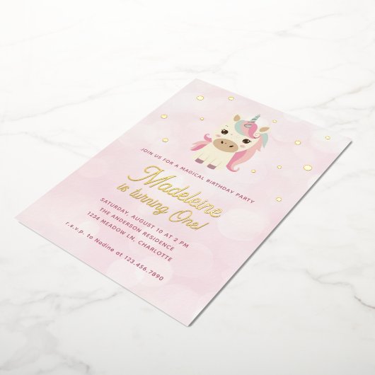Magische Eenhoorn Roze Gouden Stippen 1e Verjaarda Folie Uitnodiging (Gedraaid)