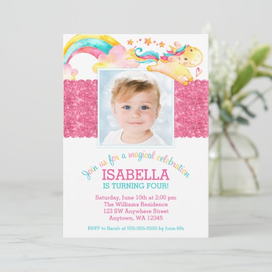 Magische eenhoorn roze verjaardag foto uitnodiging (Staand voorkant)