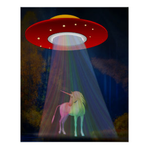 Magische Eenhoorn UFO Regenboogstraal 's Nachts Gl Perfect Poster