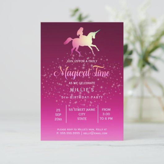 Magische Eenhoorn | Uitnodiging Verjaardagsfeestje (Staand voorkant)