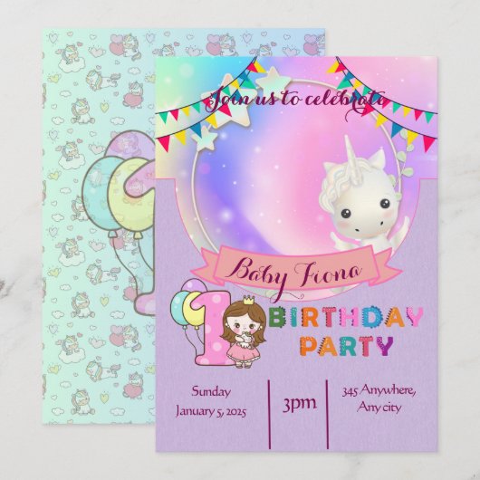 Magische Eenhoorn - Uitnodiging voor het 1e verjaa (Voorkant / Achterkant)