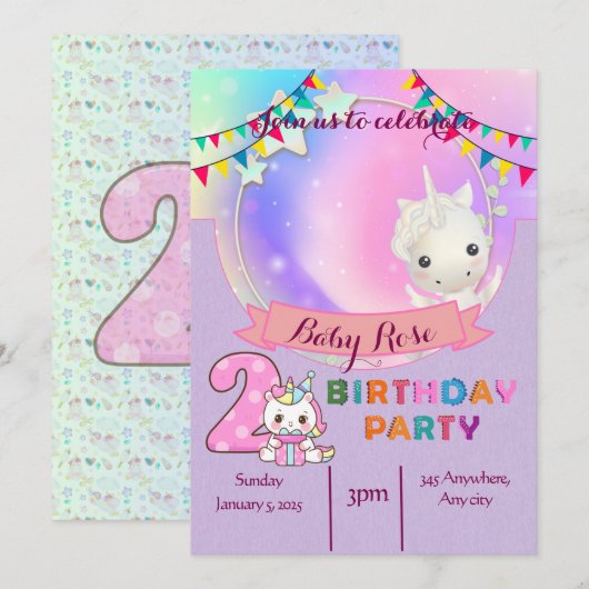 Magische Eenhoorn - Uitnodiging voor het 2e verjaa (Voorkant / Achterkant)
