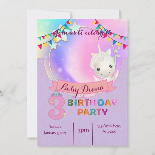 Magische Eenhoorn - Uitnodiging voor het 3e verjaa (Voorkant)