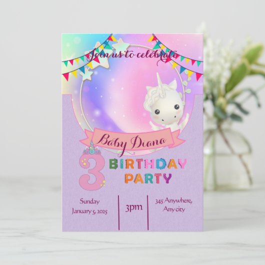 Magische Eenhoorn - Uitnodiging voor het 3e verjaa (Staand voorkant)
