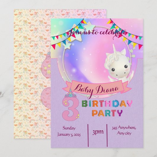 Magische Eenhoorn - Uitnodiging voor het 3e verjaa (Voorkant / Achterkant)