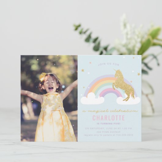 MAGISCHE EENHOORN VERJAARDAG FEEST UITNODIGING (Staand voorkant)