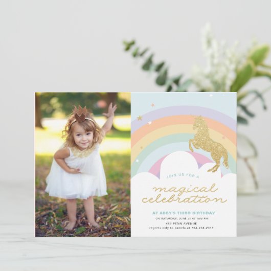 MAGISCHE EENHOORN VERJAARDAG FEEST UITNODIGING (Staand voorkant)