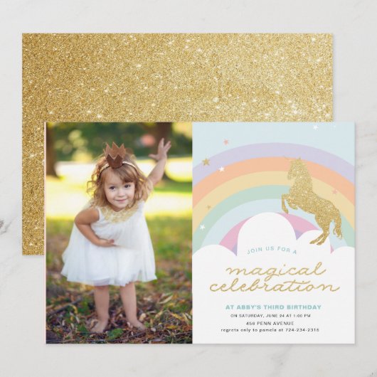 MAGISCHE EENHOORN VERJAARDAG FEEST UITNODIGING (Voorkant / Achterkant)