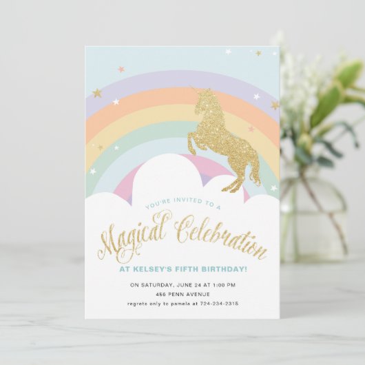 MAGISCHE EENHOORN VERJAARDAG FEEST UITNODIGING (Staand voorkant)