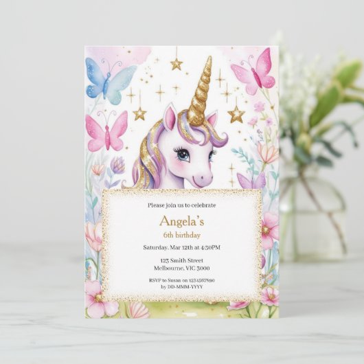 Magische Eenhoorn Verjaardag Meisjes Uitnodiging (Staand voorkant)