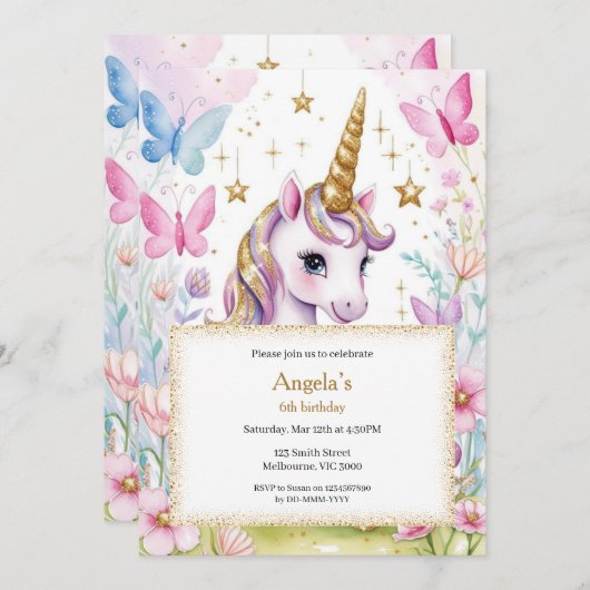 Magische Eenhoorn Verjaardag Meisjes Uitnodiging (Voorkant / Achterkant)