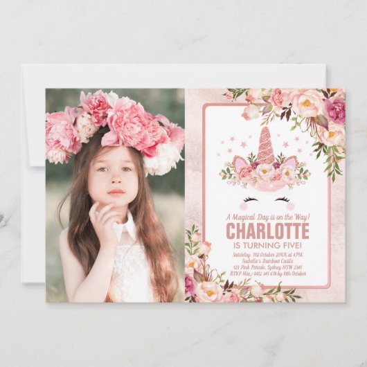 Magische Eenhoorn Verjaardag /  Roos Gouden Bloeme Kaart (Voorkant)