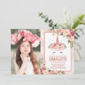 Magische Eenhoorn Verjaardag /  Roos Gouden Bloeme Kaart (Staand voorkant)