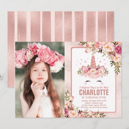 Magische Eenhoorn Verjaardag /  Roos Gouden Bloeme Kaart (Voorkant / Achterkant)