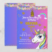 Magische Eenhoorn Verjaardag - Roze meisjes Uitnod Kaart (Voorkant / Achterkant)