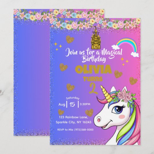 Magische Eenhoorn Verjaardag - Roze meisjes Uitnod Kaart (Voorkant / Achterkant)