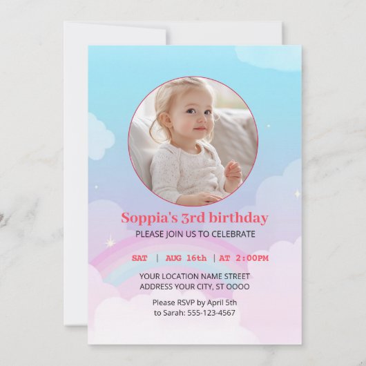 Magische Eenhoorn Verjaardag Uitnodiging met Regen (Achterkant)