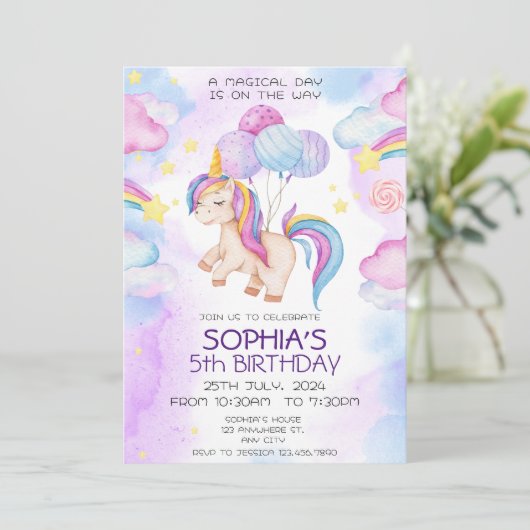 Magische Eenhoorn Verjaardag Uitnodiging Rainbow (Staand voorkant)