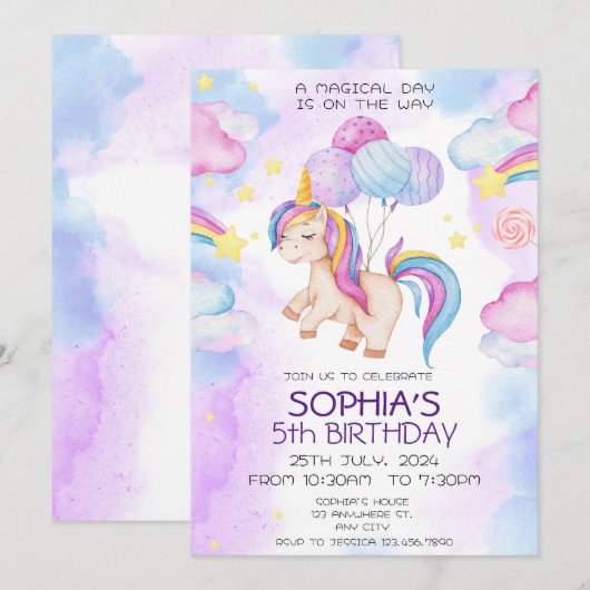 Magische Eenhoorn Verjaardag Uitnodiging Rainbow (Voorkant / Achterkant)