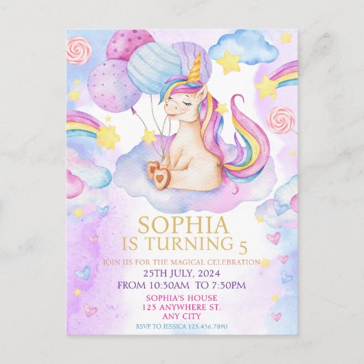 Magische Eenhoorn Verjaardag Uitnodiging Rainbow (Voorkant)