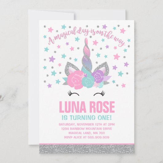 Magische Eenhoorn Verjaardag Uitnodiging Roze & Zi (Voorkant)