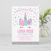 Magische Eenhoorn Verjaardag Uitnodiging Roze & Zi (Staand voorkant)