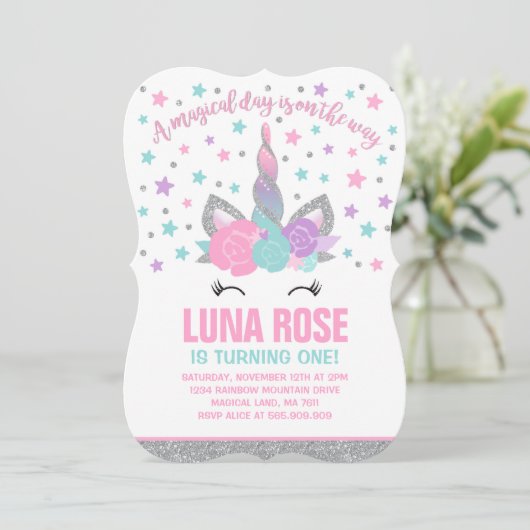 Magische Eenhoorn Verjaardag Uitnodiging Roze & Zi (Staand voorkant)