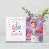 Magische Eenhoorn Verjaardag Uitnodiging Roze & Zi (Staand voorkant)