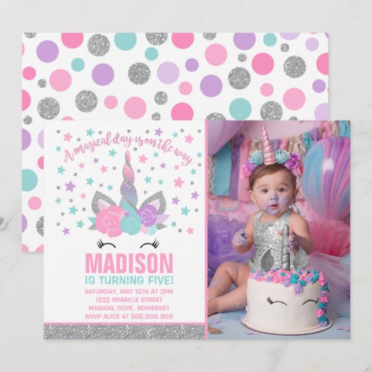 Magische Eenhoorn Verjaardag Uitnodiging Roze & Zi (Voorkant / Achterkant)