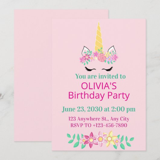 Magische Eenhoorn Verjaardagsfeest Uitnodiging (Voorkant / Achterkant)
