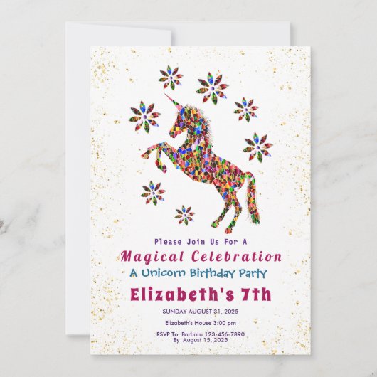 Magische Eenhoorn Verjaardagsfeestje Glitter Perso Kaart (Voorkant)