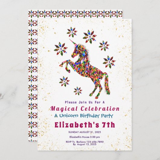 Magische Eenhoorn Verjaardagsfeestje Glitter Perso Kaart (Voorkant / Achterkant)