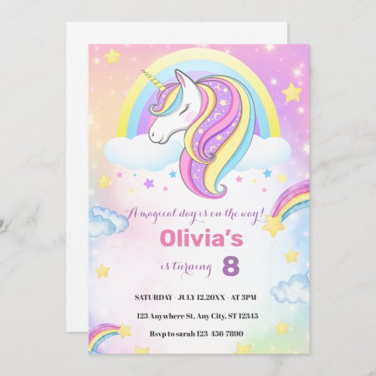magische eenhoorn verjaardagsfeestuitnodiging kaart (Voorkant / Achterkant)